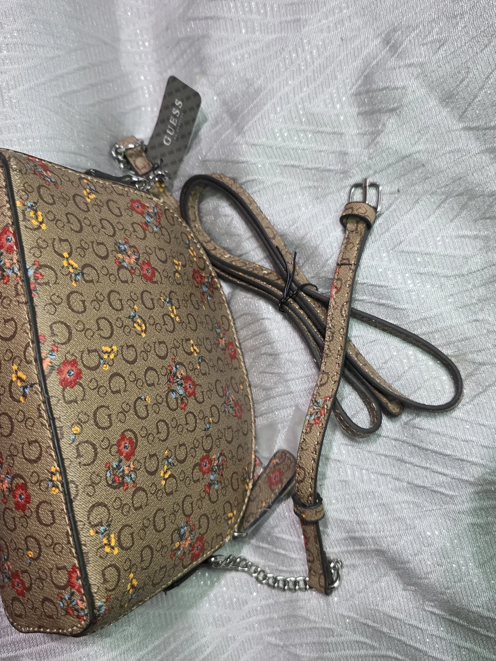 GUESS Beige Floral Logo Dome Crossbody with Red & Yellow Accents